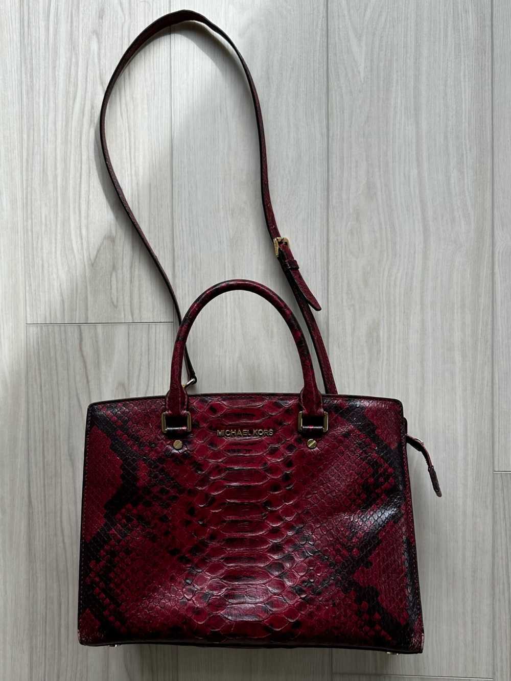 MICHAEL KORS Red and Black Python Cinnabar Anaconda Embossed Leather Selma Tote - Picture 2 of 7